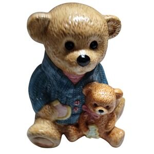 Cresco China‎ Teddy Bear Mother and Cub Ceramic Cookie Jar Blue Sweater